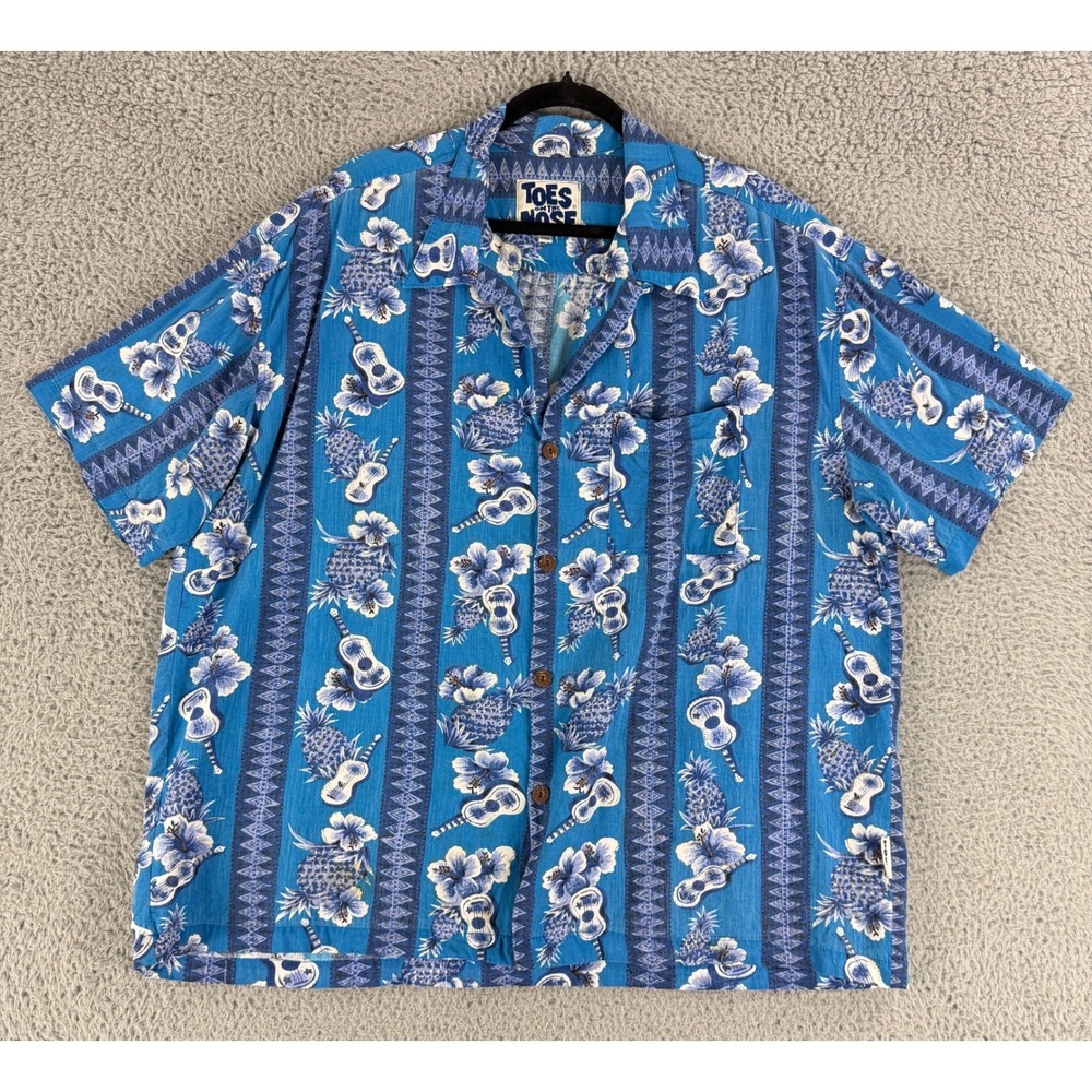 Toes on the Nose Shirt Mens 2XL Blue Pineapple Ukulele Rayon Hawaiian T3209